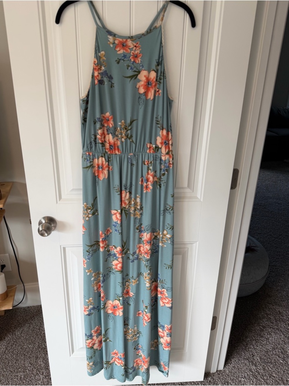 French Grey Floral Maxi Dress in Seafoam Green with Coral Accents